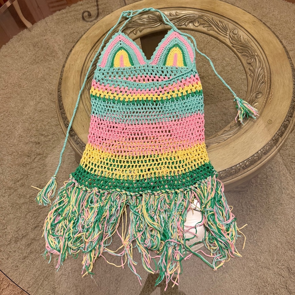 Crochet Fringe Swim Coverup Dress in Mint, Pink & Yellow - Picture 3 of 9